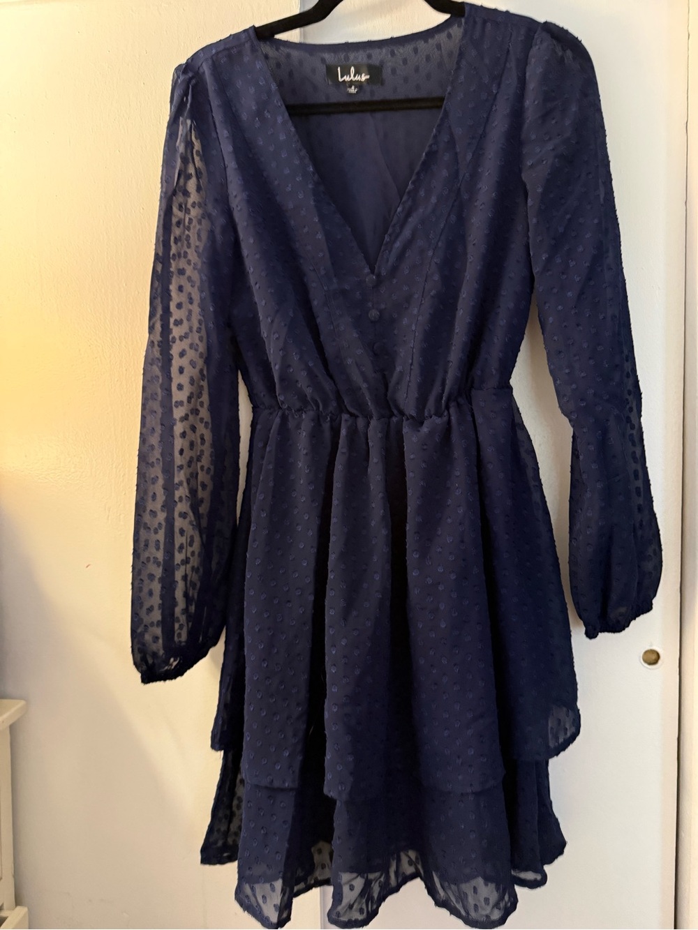 Lulu's Navy Swiss Dot Long Sleeve Tiered Wrap Dress